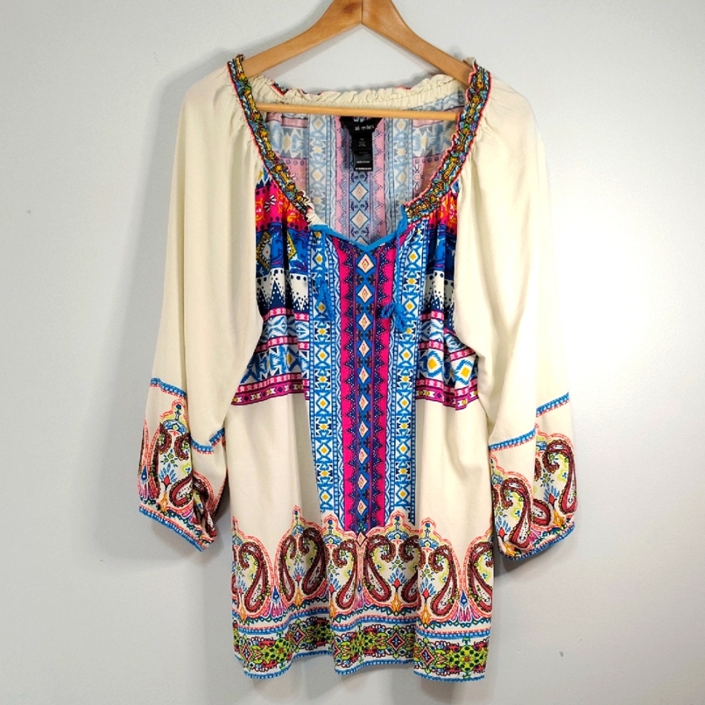 Ali Miles Tunic Top Size 1X Boho Festival Multicolor Summer Fall Colorful